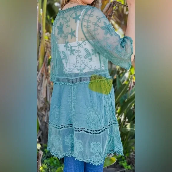 Amoli Teal Sheer Embroidered Lace Floral Tunic Top - Picture 2 of 2